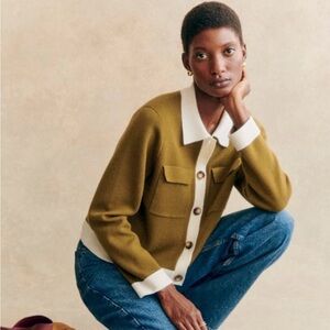 Sezane Betty Cardigan In Olive Green with Ecru Details